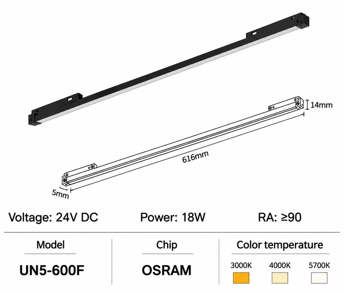 14 Ultra-Narrow 5mm 24V Magnetic Track UN5-600F Linear Floodlight 18W