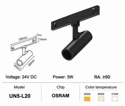 Ultra-Narrow 5mm 24V Magnetic Track UN5-L20 Spotlight 3W (Flex Arm)