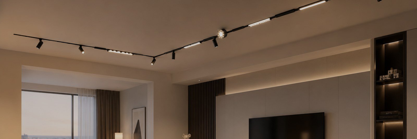 FLUXY 6mm magnetic track lighting in a warm modern living room