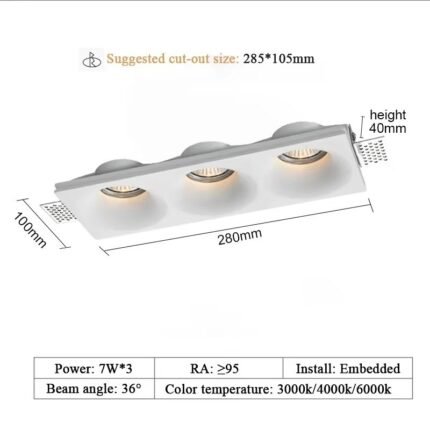 Gypsum Borderless Downlight Triple Round 7W×3 (cut-out 285×105mm)